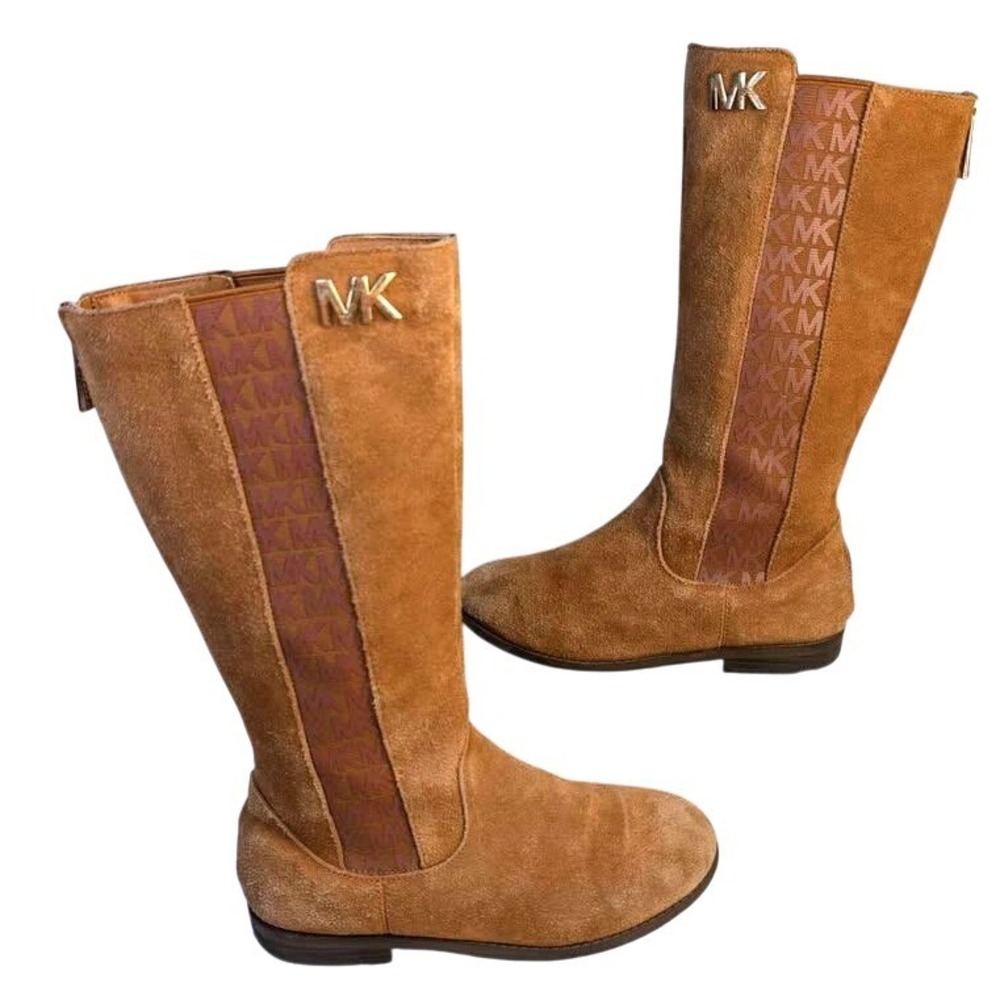 Michael Kors ~ Emma Chey Boots ~ Kids Size 2 ~ Tan Suede Tall ~ Back Zip MK Logo